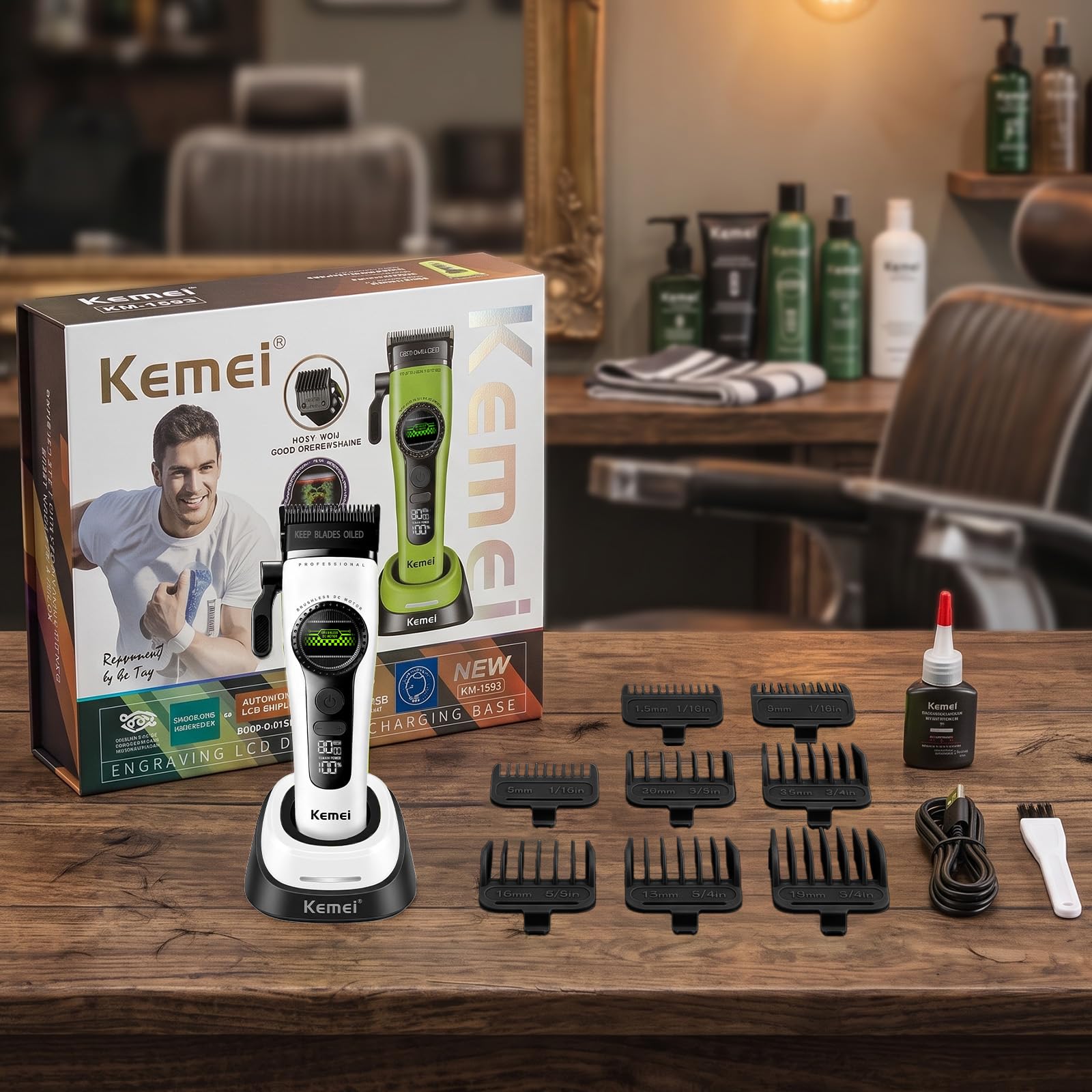 KEMEI 1593 Cortapelos Hombre Inalámbrico, Máquina Cortar Pelo Profesional | Motor Sin Escobillas,5 Velocidades,Doble Carga USB-C y Base,Cuchilla DLC-Cerámica-Perfecto para Autocorte y Regalo(Blanco)