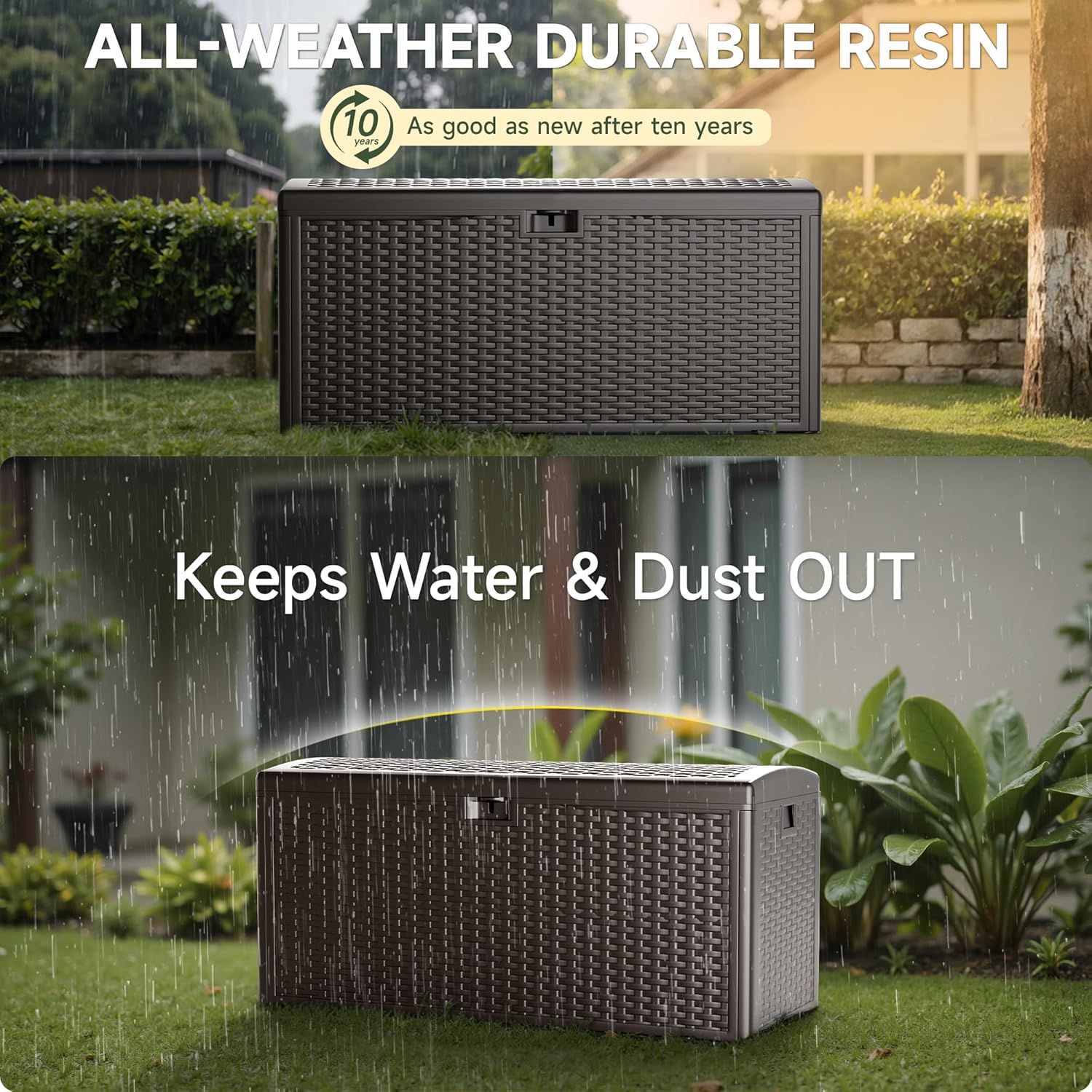 110 Gallon All-Weather Deck Box, Lockable Waterproof Resin Storage with UV Resistance for Patio Furniture, Garden Tools, Pool Accessories (Brown) - Image 6