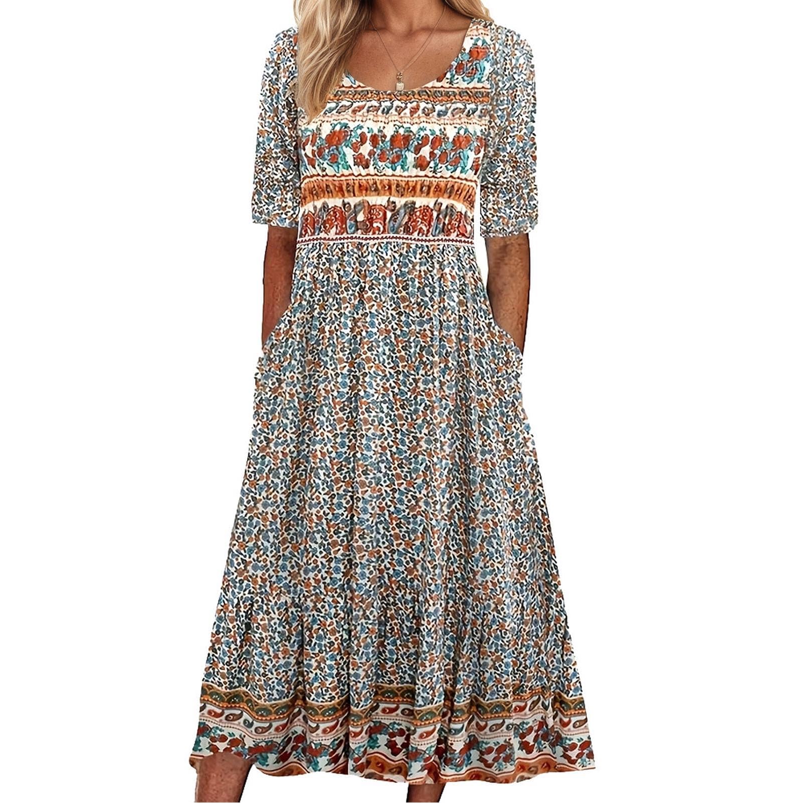 Women's Boho Floral Maxi Dress Casual Boho 2026 Summer Short Sleeve Beach Dresses with Pockets