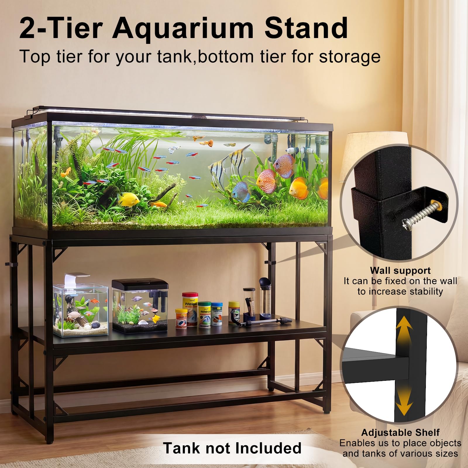Supporto per acquario, in metallo resistente, per acquario, per rettili, tartarughe, allevatori, capacità 408,2 kg, con ripiani portaoggetti a 2 ripiani (121,4 x 50 x 80 cm)