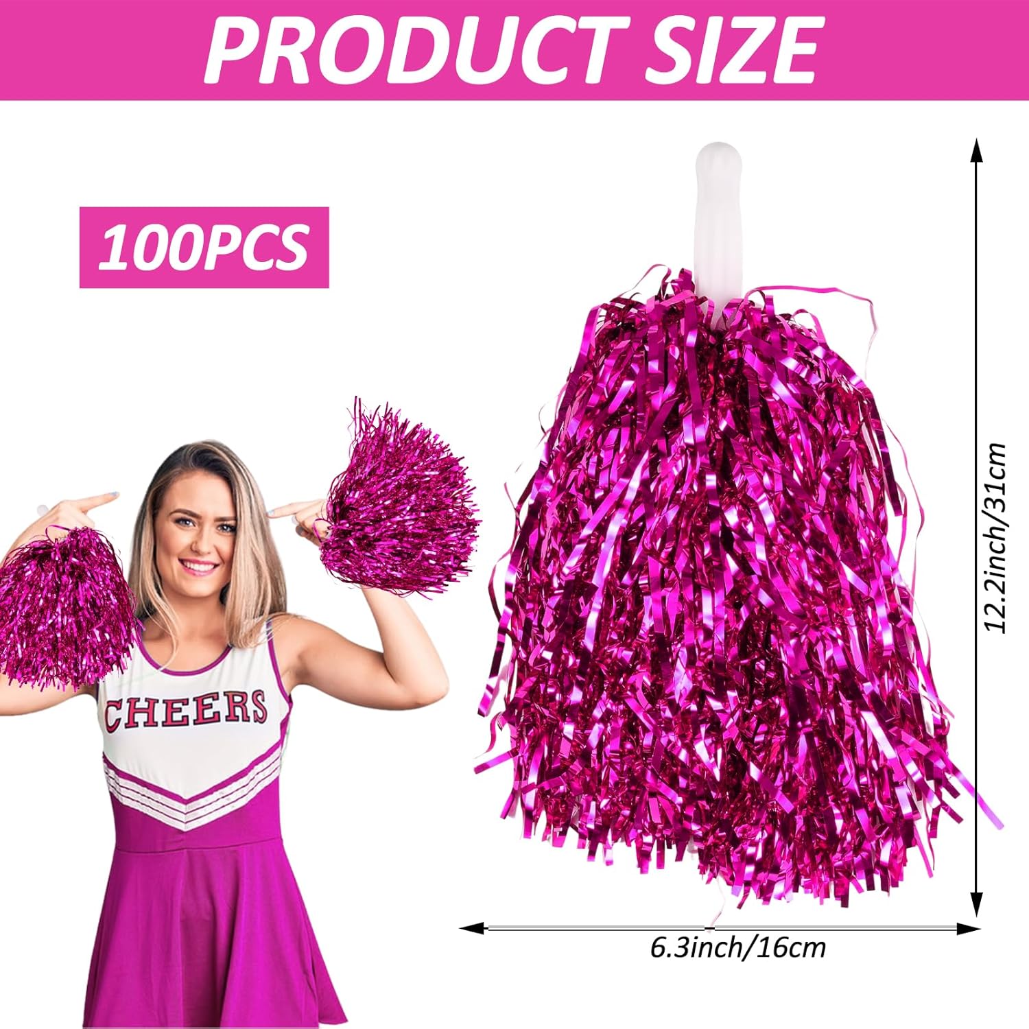 メタリックチアリーダーポンポン100個 バトンハンドル付き ゲーム スポーツ スクワッド ダンス パーティー フットボール バスケッ