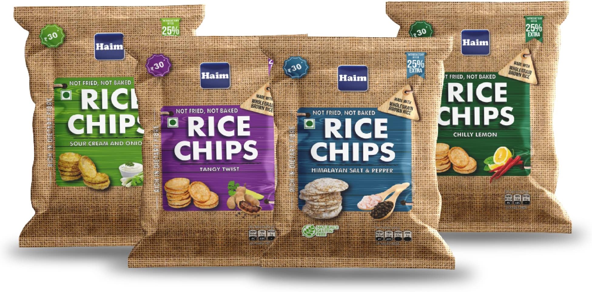 Wholegrain Rice Chips โ Wholegrain Brown Rice, High Fibre Healthy Snacks, Not Baked Not Fried 50g X 4 Pack -200g Sour Cream & Onion, Tangy Twist, Chillie Lemon & Himalayan Salt & Black Pepper