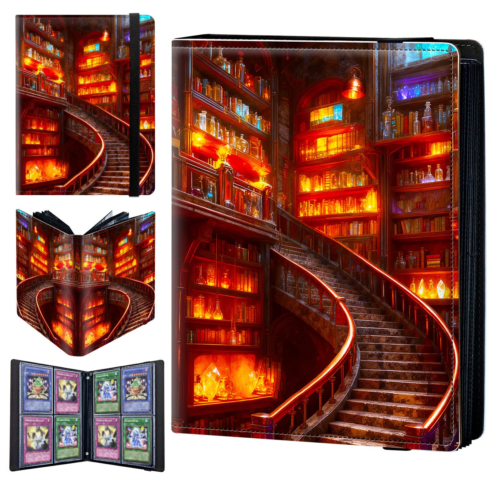 4 Pocket Trading Card Binder 160 Side Loading Pocket Album with Bookshelves Pattern Design Card Binder for Sports Cards & Game Cards