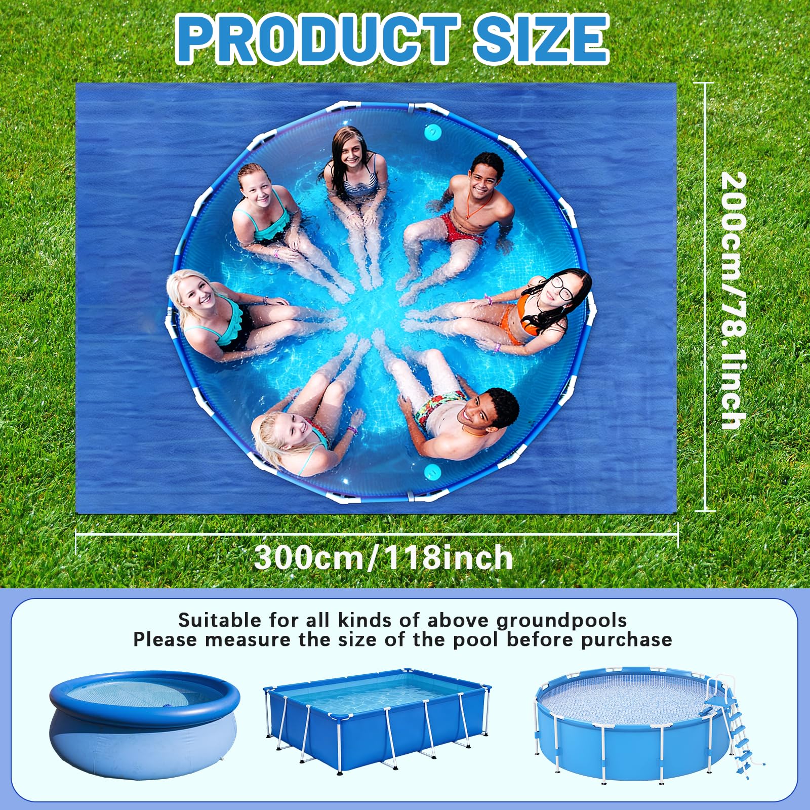Paño para el Suelo de la Piscina, Tapiz Suelo Piscina, Alfombra de Protección Azul, Impermeable, Resistente, para Piscinas Hinchables y Piscinas sobre el Suelo (300 x 200 cm)