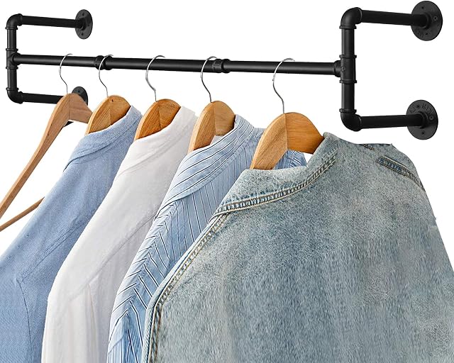 Wall Mounted Clothes Rail TANiCE Industrial Pipe Clothes Rack 120cm Rustic Hanging Garment Rack Detachable Iron Clothes Wall Rail Shelf, Space-Saving, Holds up to 60 kg