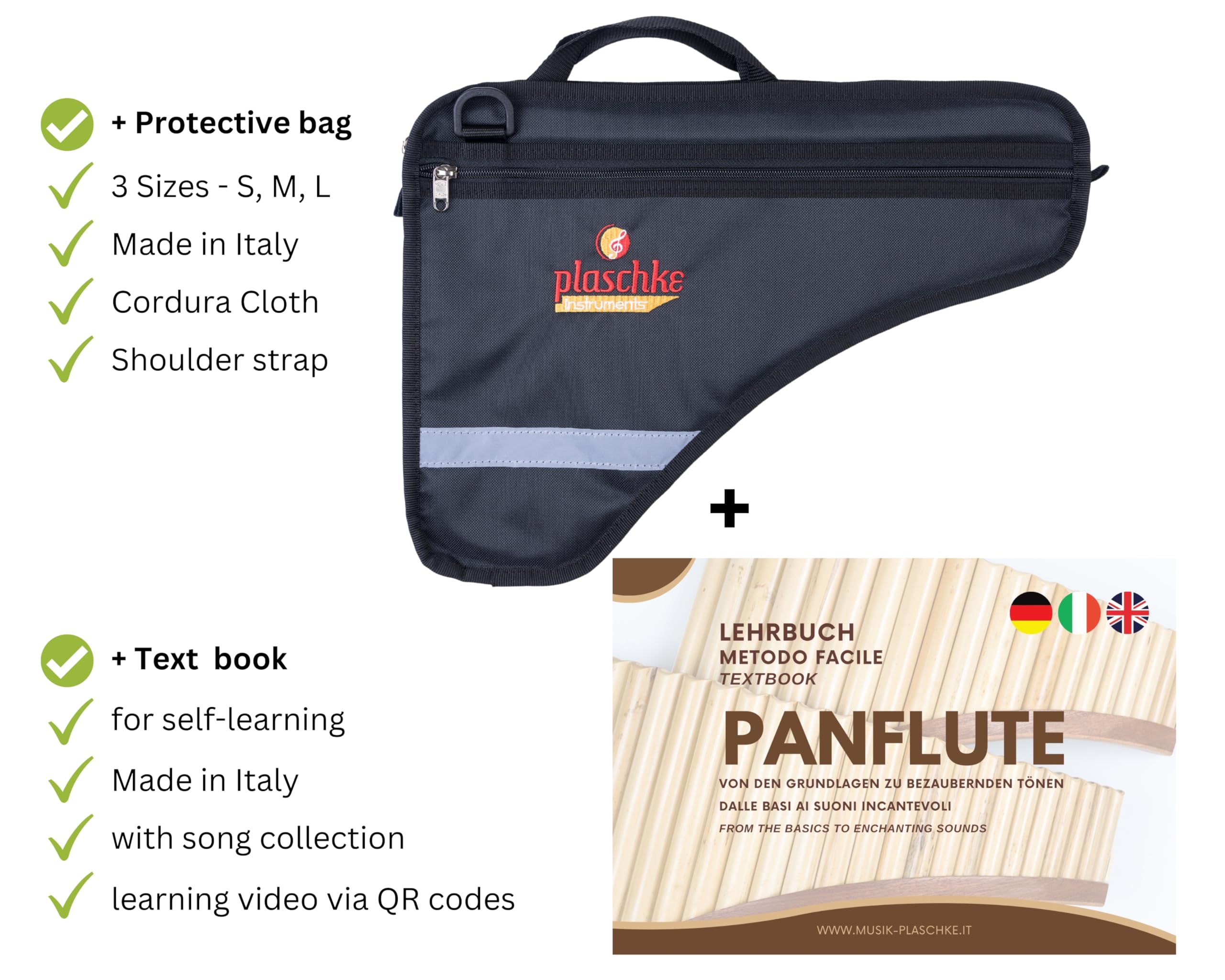 Plaschke - Flûte de pan en bambou - Avec 20 tubes, Do majeur, lanières en bois, étui et livret - Fabriquée à la main - Instruments du Tyrol du Sud / Italie
