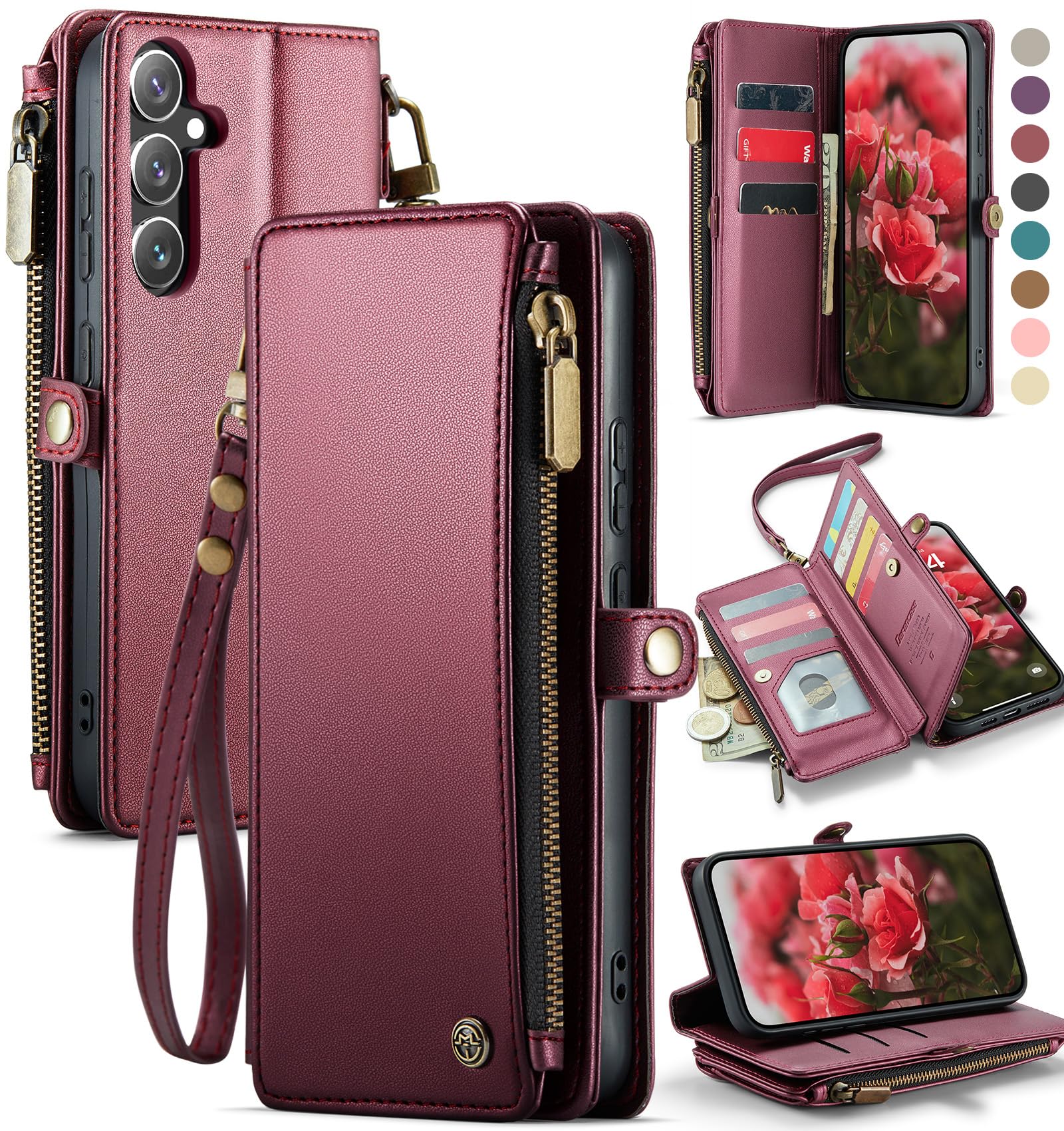 Defencase Compatible with Samsung Galaxy S24 FE Case Wallet with RFID Blocking Card Holder for Women, PU Leather Magnetic Snap Flip Zipper Strap