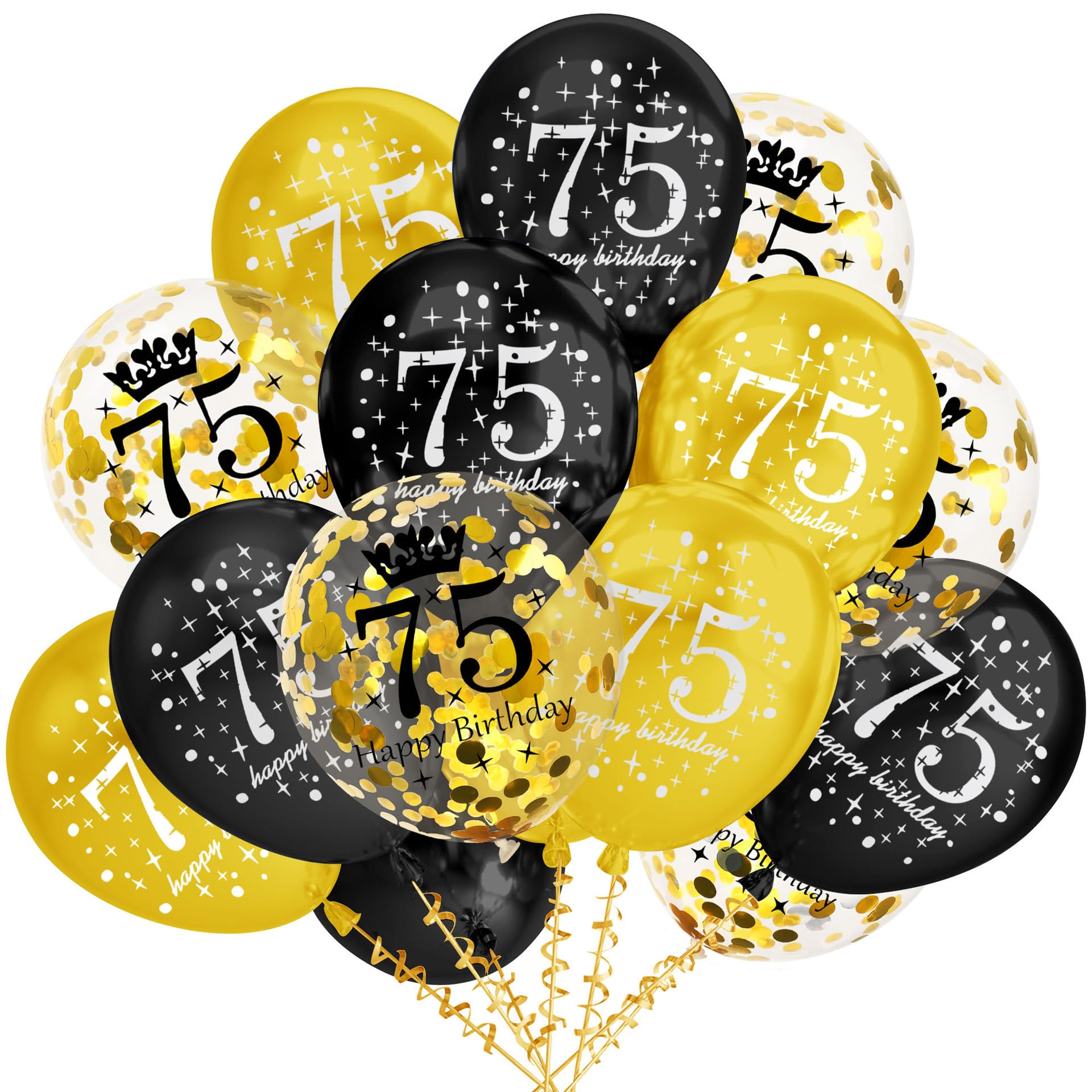 Muiltvoe 75th Birthday Decorations 15Pcs Black Gold Latex oons, Happy 75th Anniversary Party Supplies, 12 Inch Confetti oons for Women Men, Retirement 75 Birthday Banner & Napkins Decor