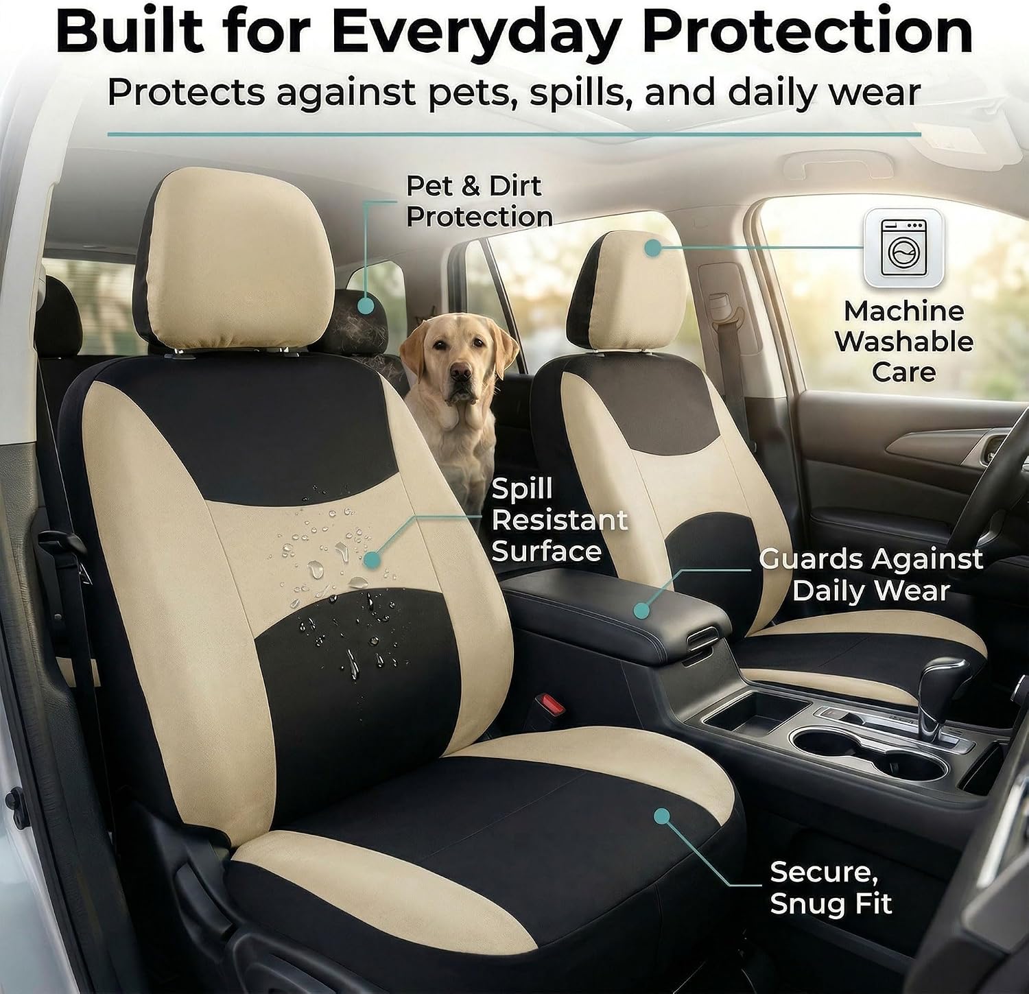 FH Group Full Set Light and Breezy Car Interior Covers-Front and Rear Split Bench Beige Seat Covers,Universal Fit for Cars, Trucks and SUVs