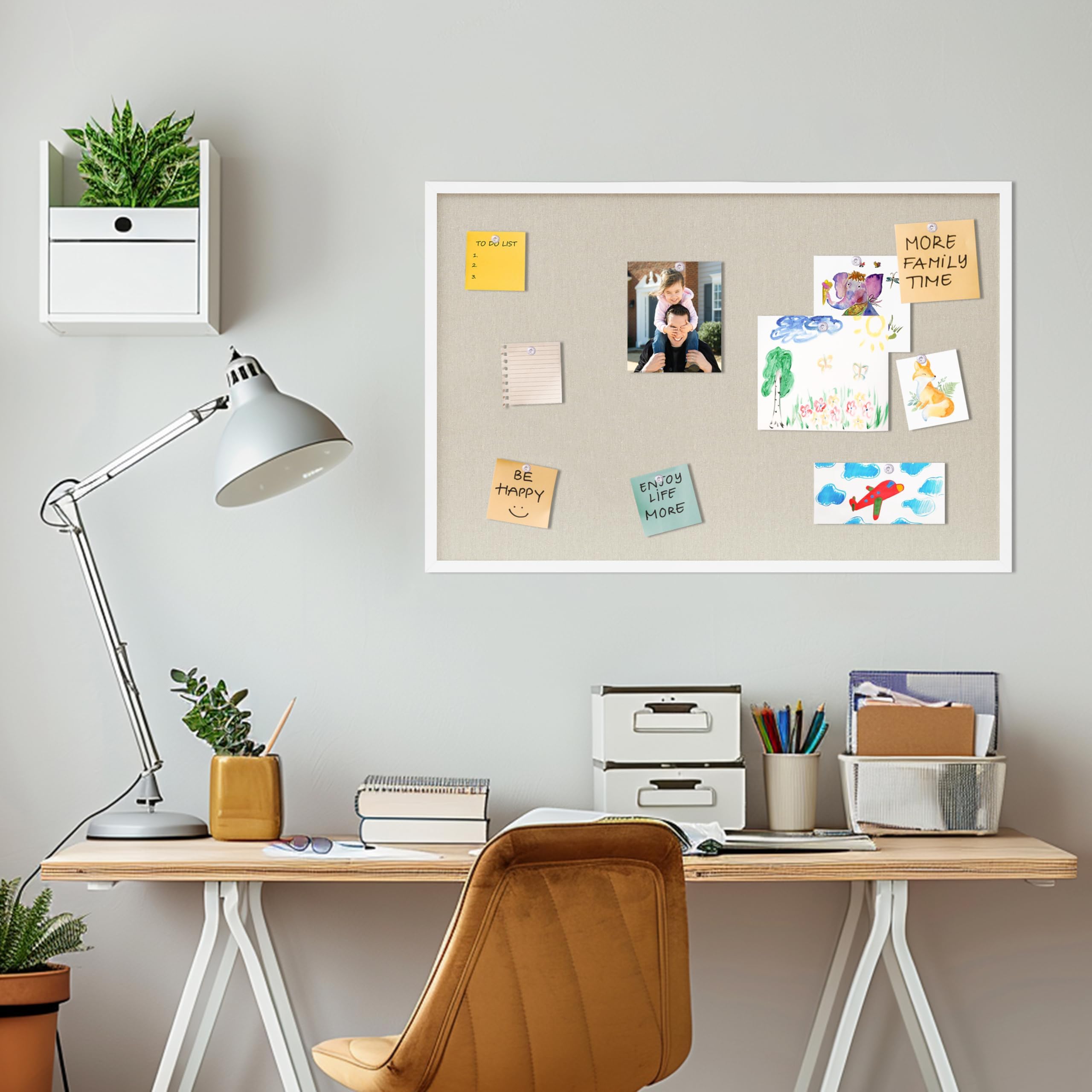 DAHAPYBOO Korktafel mit Leinen, Weiß, Pinnwand, 91,4 x 61 cm, hängende Korktafeln für Büro, Zuhause, Schule, Nachrichtenbrett oder Visionboard-Dekoration.