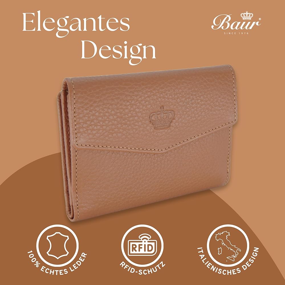 Baur Damesportemonnee, echt leer, portemonnee met RFID-bescherming, grote portemonnee, veel kaartvakken, portemonnee met muntvak en ritssluiting, portemonnee voor dames, Mosterdgeel, 16x10x3cm, Klassiek