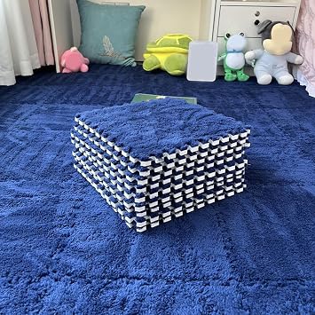 FYYSJW 20Pcs Plush Interlocking Carpet Tiles,12x12x0.4 in Square Foam Floor Mat,Soft Fluffy Milk Velvet Patchwork Rugs Washable for Classroom/Sensory Room,Navy Blue