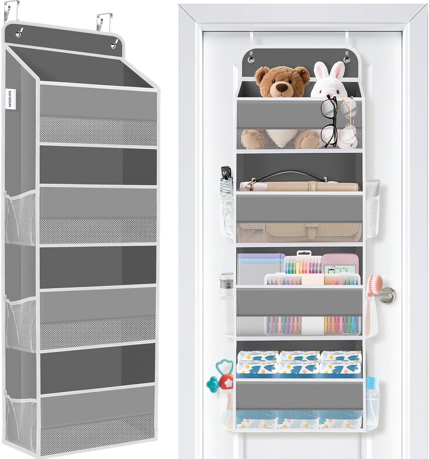 WISELIFE Over the Door Organizer - 4 Shelves Large Capacity Hanging Bedroom Storage Solution with 6 Side Pockets for Dorm Bathroom Pantry Nursery and Baby Essentials Holds up to 40 lbs (Grey)