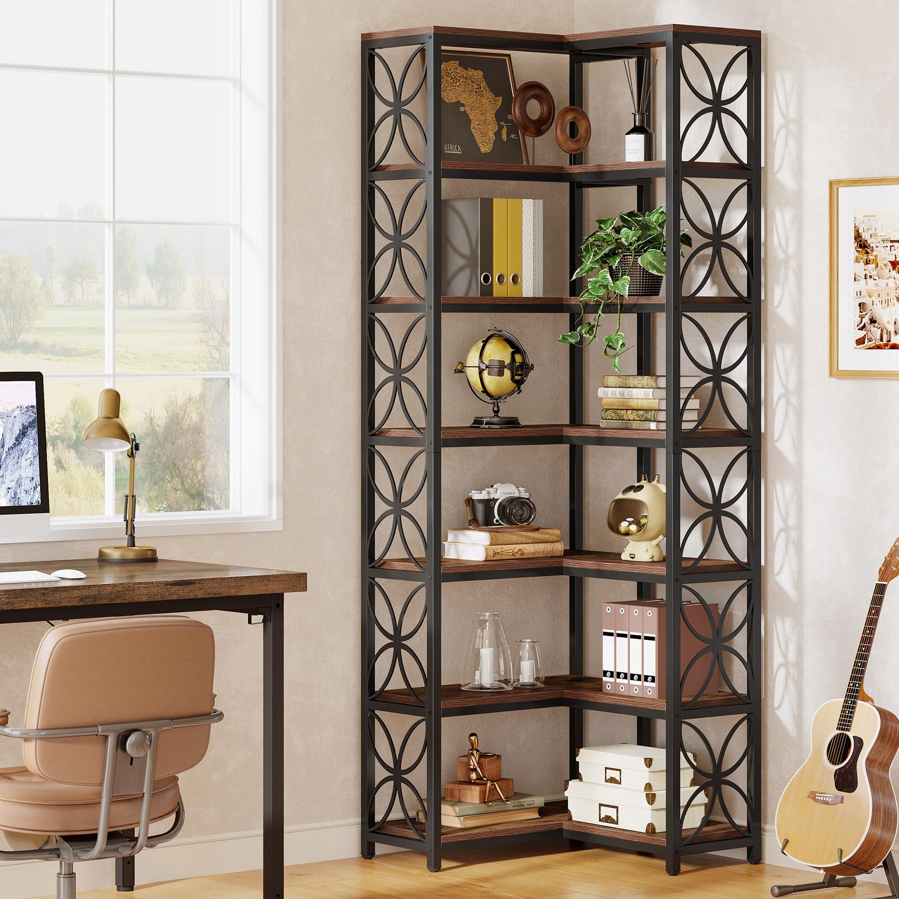 Tribesigns Libreria Angolare da 200 cm, Scaffale Angolare a Forma di L in Legno con 7 Ripiani, Stile Industriale, Angoliera Soggiorno per Soggiorno, Cucina, Ufficio, Marrone Rustico e Nero