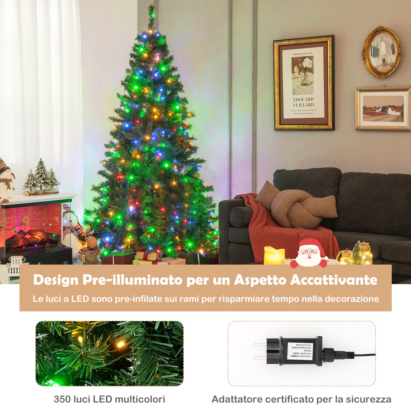 RELAX4LIFE Mezzo Albero di Natale da Parete 210 CM con Luci LED Incorporate, Rami Foglie Realistico in PVC, Base Pieghevole in Metallo (Modello 1