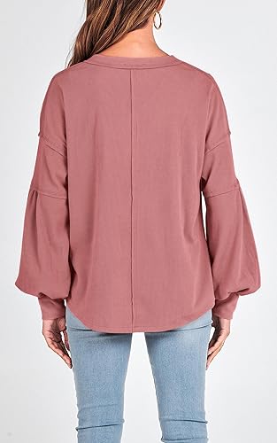 Miniatura 8 de BTFBM - Camisas de punto acanalado con cuello en V para mujer, estilo casual, para otoño, estilo túnica, holgadas, de manga larga, con globo