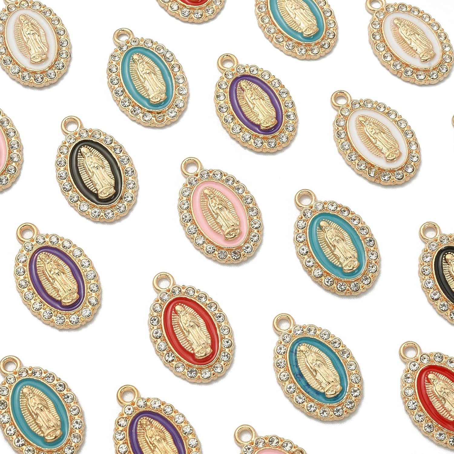 LiQunSweet 60 Pcs 6 Colors Virgin Mary Jesus Religious Charms Rhinestone Oval with Saint Charms for Jewelry Making Crafting Findings Accessory