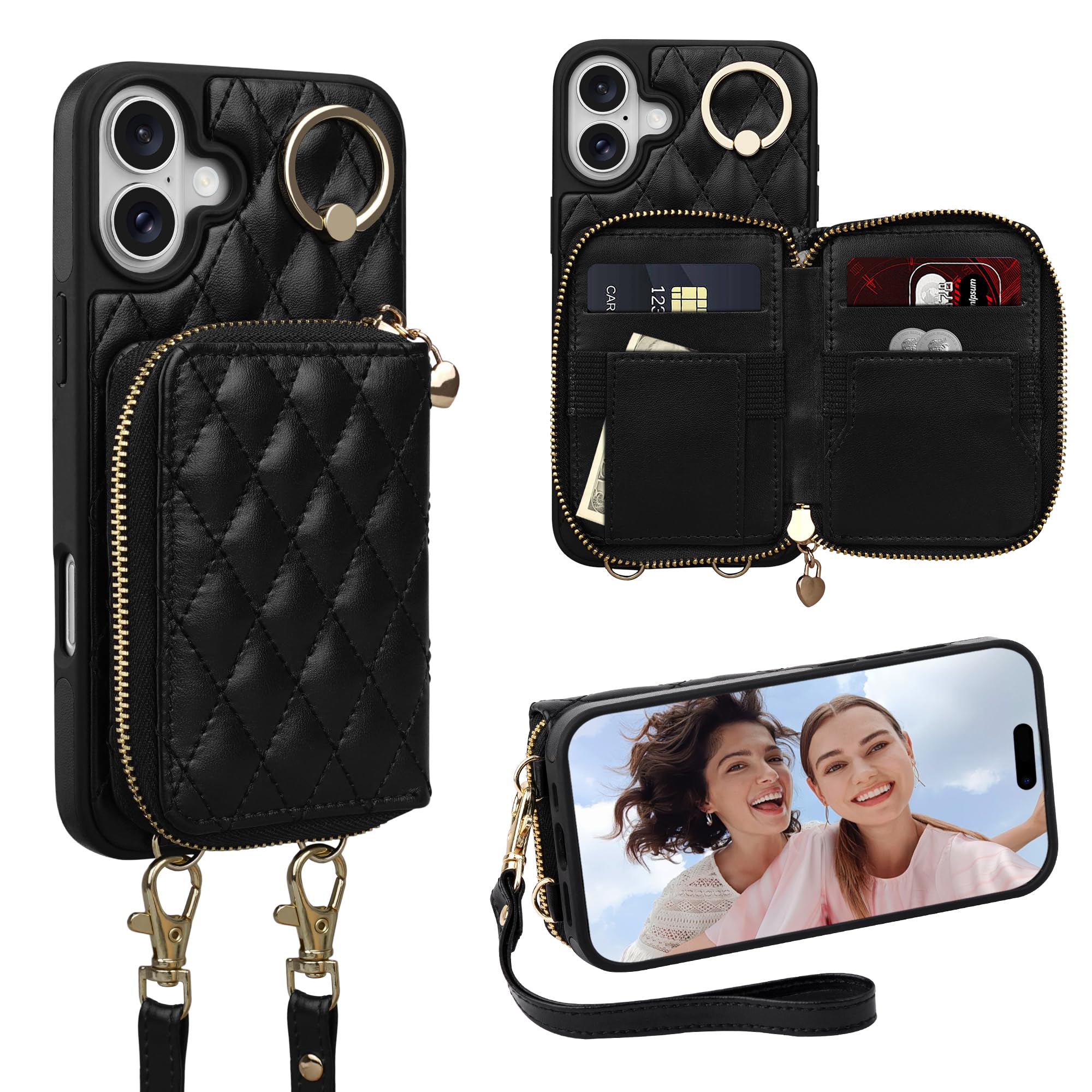 Keallce Case For IPhone 14 Pro Max 6.7'', Detachable Crossbody Case Wallet With RFID Blocking Card Slots, 360-Ring Stand, Folio Leather Protective Cover Shoulder Strap Lady For IPhone 14 Pro Max,Black