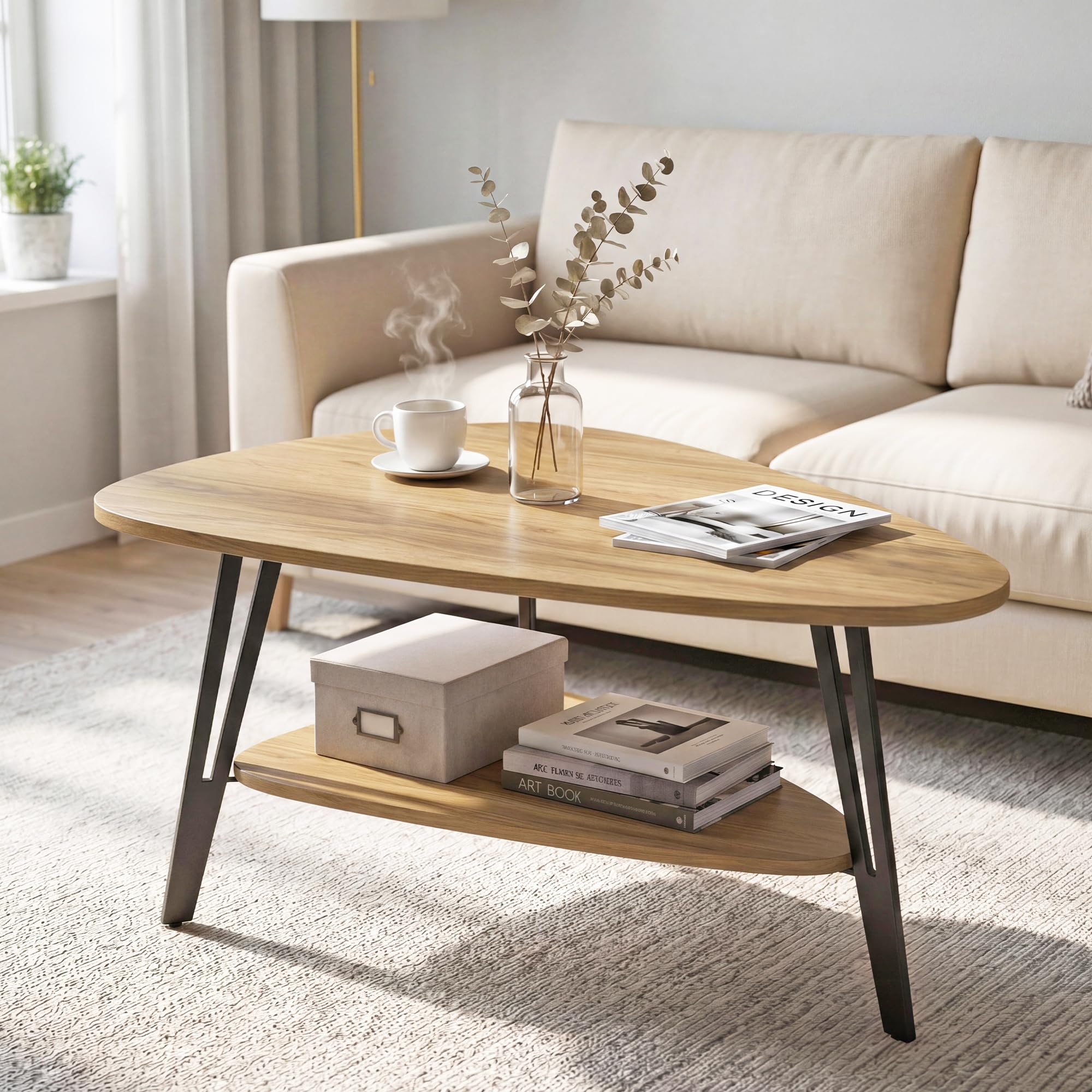 Manora Couchtisch oval Holz mit Ablagefach & Metallbeinen - Moderner Wohnzimmertisch Kaffeetisch Sofatisch Beistelltisch für Wohnzimmer Schlafzimmer Büro (Eiche+Schwarz, zweistöckig, Dreieckig)