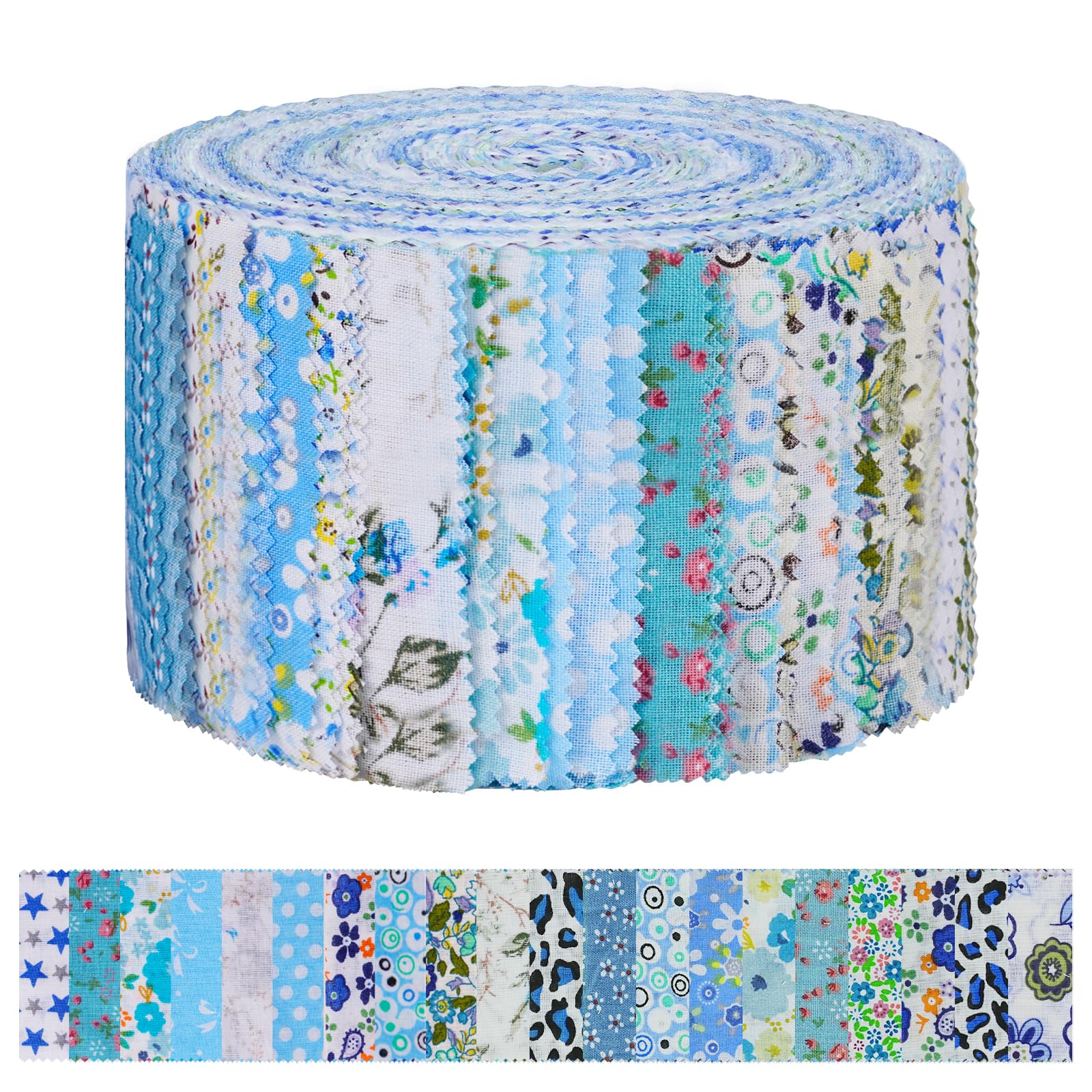 AOOSA Jelly Roll Fabric Strips for Quilting, 40 Strip Cotton Quilting Fabric 2.5 x 44 Inch, Precut Bundle Roll with 20 Assorted Floral Prints, Fabric Jelly Rolls for Sewing, Blanket, DIY Crafts, Blue
