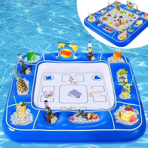 Miniatura 9 de Mesa de juego inflable para piscina con cartas impermeables (35.5 x 35.5 pulgadas, azulblanco)