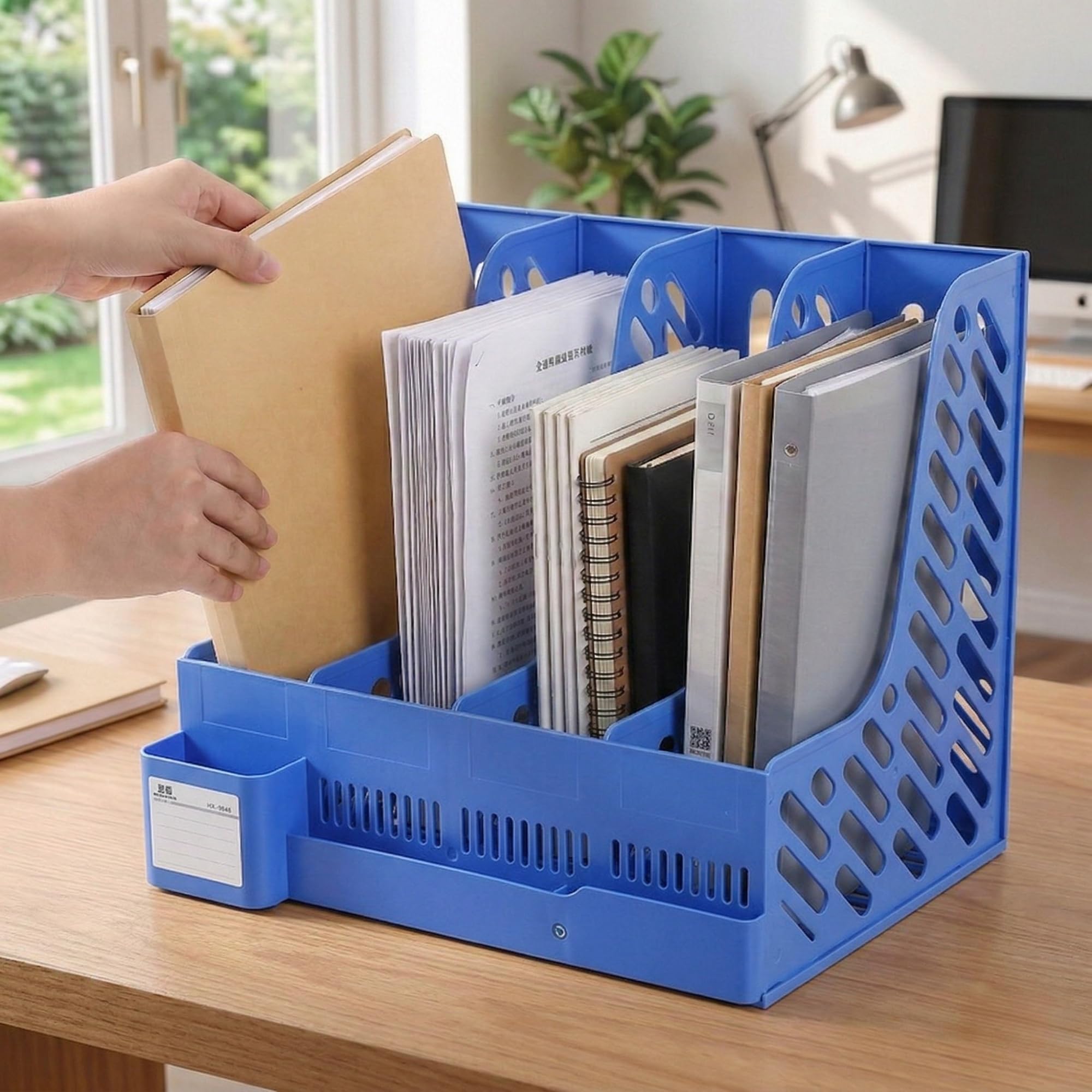 DaKos Aktenregal aus Kunststoff, 4 Fächer, Schreibtisch-Organizer, Brief-Organizer mit Stifthalter, Zeitschriftenbuchhalter, Organizer (blau)