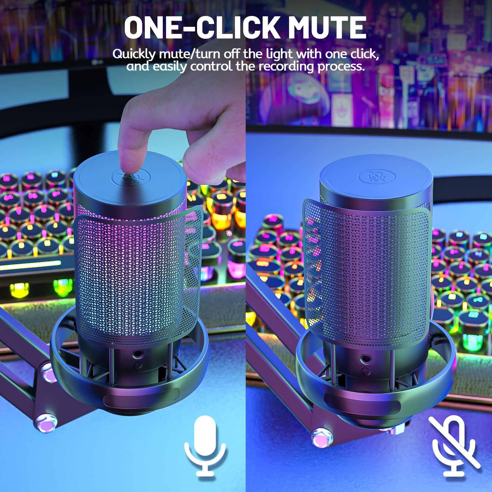 Anykuu Microfono a Condensatore RGB 7 Colori Plug & Play Microfono Cardioide 192kHz/24-Bit Kit Microfono USB con Filtro Anti-Pop e Supporto Antiurto per PC Gaming Mac YouTube