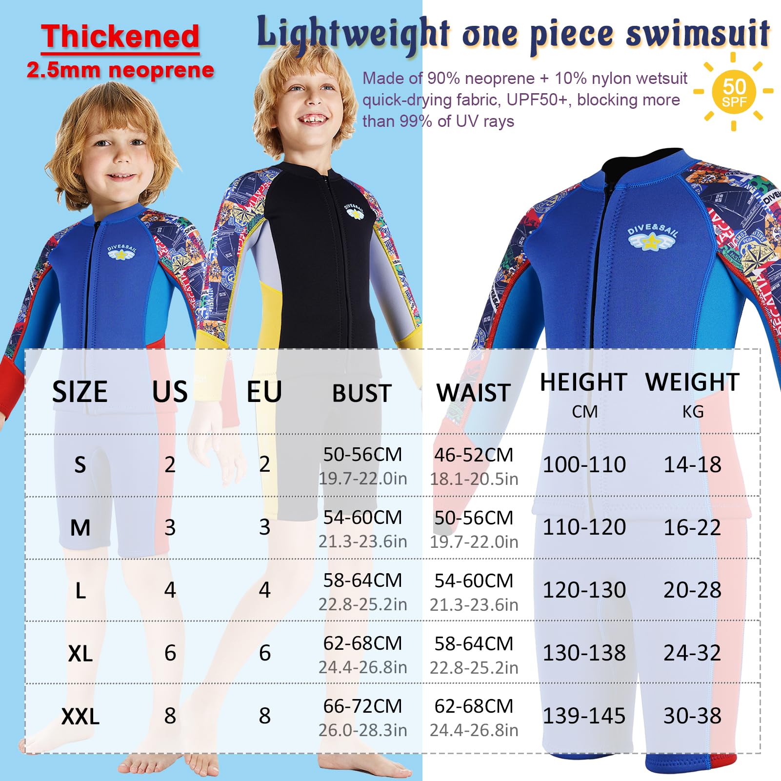 Combinaison de Plongée Enfant Garçon en Néoprène 2.5MM Maillot de Bain Chaud Costume de Surf de Protection Solaire