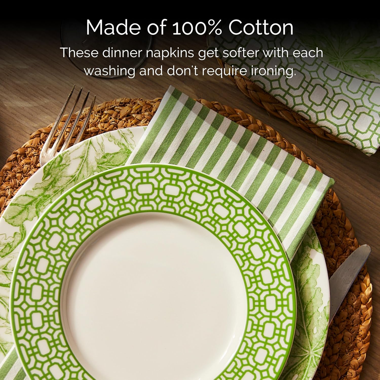 Caskata Pinstripe Green Dinner Napkins Set of 4 | 100% Cotton Cloth Set for Entertaining or Everyday Table | Perfect for Wedding, Birthday, Christmas Green and White, 22 Inch Square