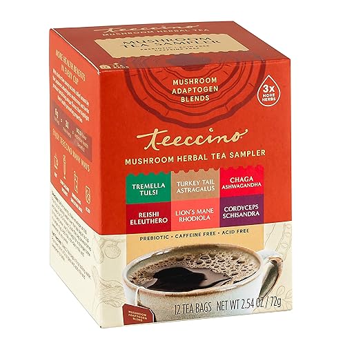 Teeccino Té de hierbas de hongos  Muestra de té adaptógeno de hongos  Apoya tu salud con hongos y hierbas adaptógenas prebióticos sin cafeína sin