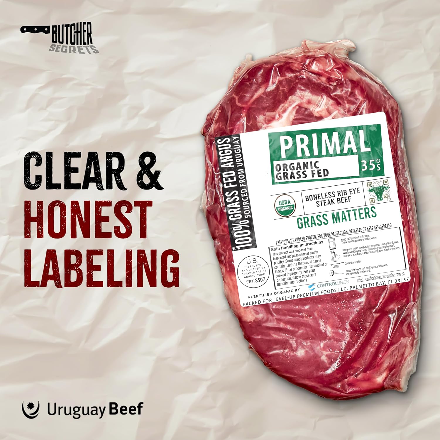 PRIMAL 35° Organic Grass-Fed Angus Ribeye Steaks - 4 Pack, 12oz Each, Premium Beef for Grilling & Roasting
