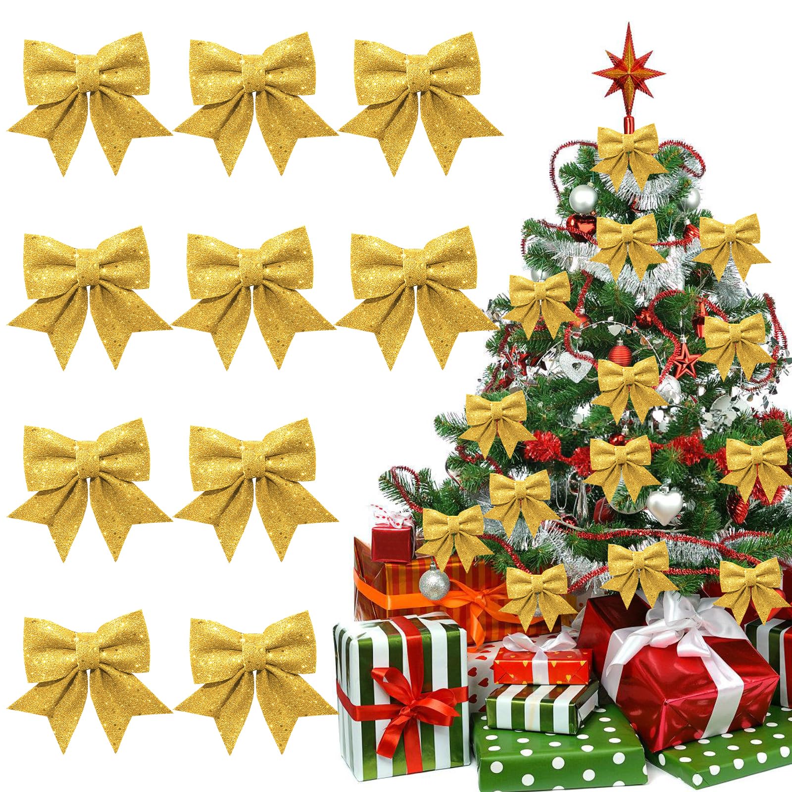ACTOYS Lazos Navidad,10 Lazos Arbol Navidad, Lazos Regalo, Lazo Purpurina, Decoracion Arbol Navidad, Adornos Navidad, Arco de Navidad, Adornos Navideños Decoración Regalos Casa (Dorado)