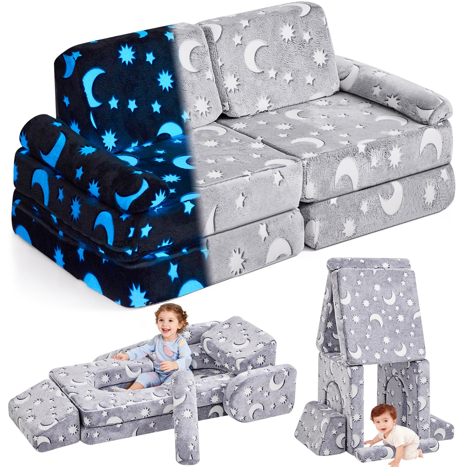IFNOW Modular Kids Play Couch, Toddler Couch Kids Sofa, Convertible Foam and Floor Cushion for Boys and Girls, Glow in The Dark, Star