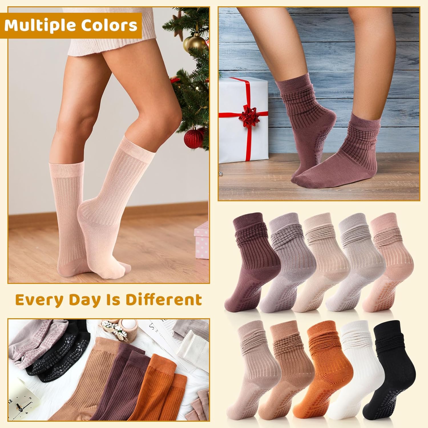 10 Pairs Grip Pilates Socks for Women, Non Slip Yoga Slouch Socks with Grip for Workout Barre Long Scrunch - Image 5
