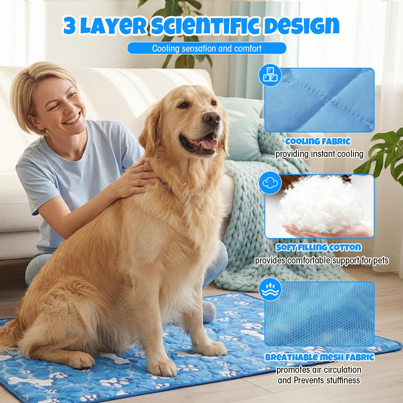 Sadnyy 4 alfombrillas de refrigeración extragrandes para perros de 44 x 32 pulgadas, para climas cálidos, ligeras, frescas al tacto, lavables y transpirables, para perreras, hogar en verano, no