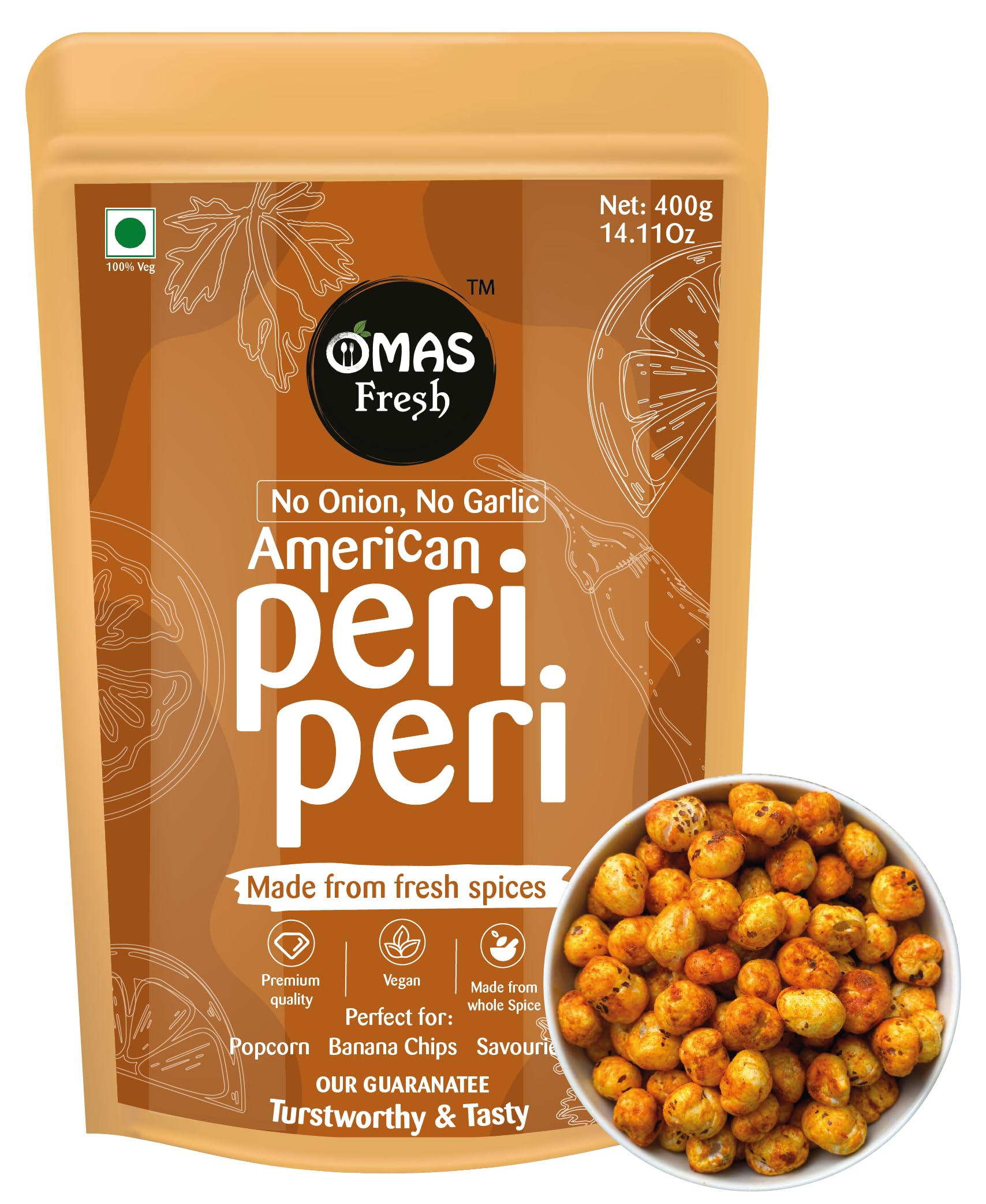 Omas Fresh No Onion On Garlic American Peri Peri Masala (Jain) for Pop-Corn, Makhana, Noodles, Sabji, Fried Rice | No Additives & Preservatives | 400g Big Saver Pack