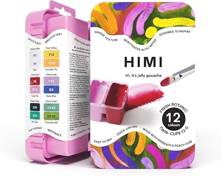 HIMI Twin Cup Gouache Set, 12 Fresh Botanic Colours, Pink Case, Painting, Art Set for Artists, Paint, Brush, Paints Supplies, Travel Artist Gift, Mini Art Paint Essentials