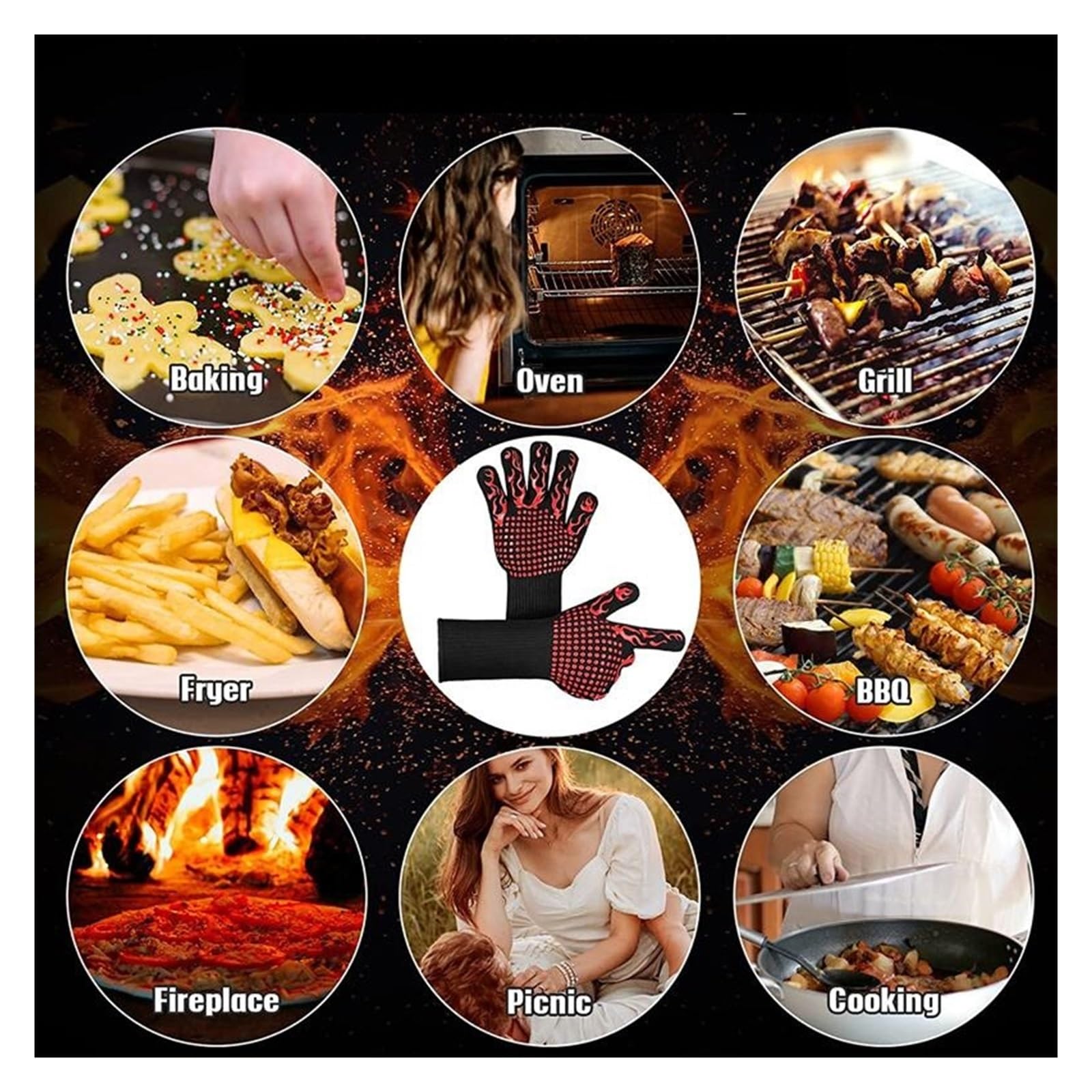 Genérico Guantes BBQ, Guantes Antideslizantes de Cinco Dedos 1472°F, 1 par | Silicona, fibra de aramida, poliéster-algodón, microfibra; 13.7in; con 50 guantes desechables(Black 1 PCS)