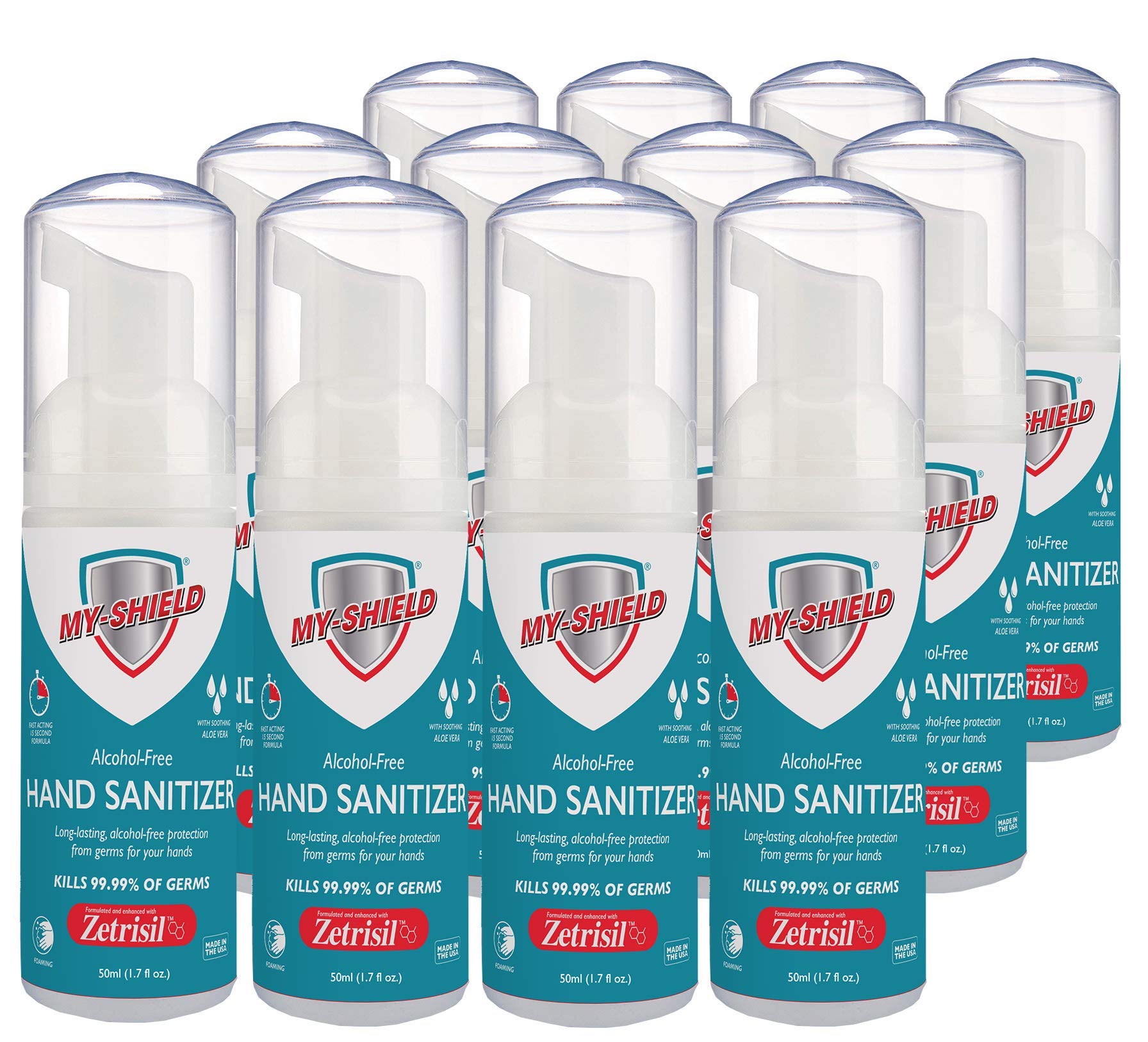 Hand Sanitizer Foam - 1.7 oz (12-pack) Alcohol-Free, Long-lasting Protection. Kills 99.9% of Germs. Moisturizes With Aloe Vera. Formulated with Zetrisil.