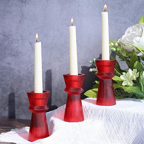 Miniatura 2 de VOHO Candelabros rojos para decoraciones de Navidad, juego de 3 portavelas de vidrio acanalado versátil para velas cónicas y velas de té, románticos