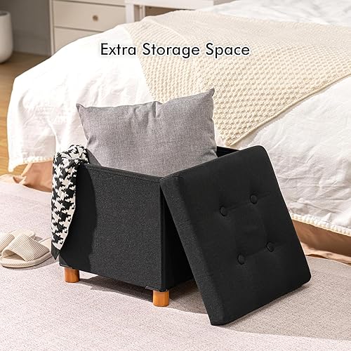 Miniatura 4 de PINPLUS Cubo otomano de almacenamiento, otomana de lino con patas de madera, reposapiés otomano plegable de tela, asiento cómodo con tapa, otomana