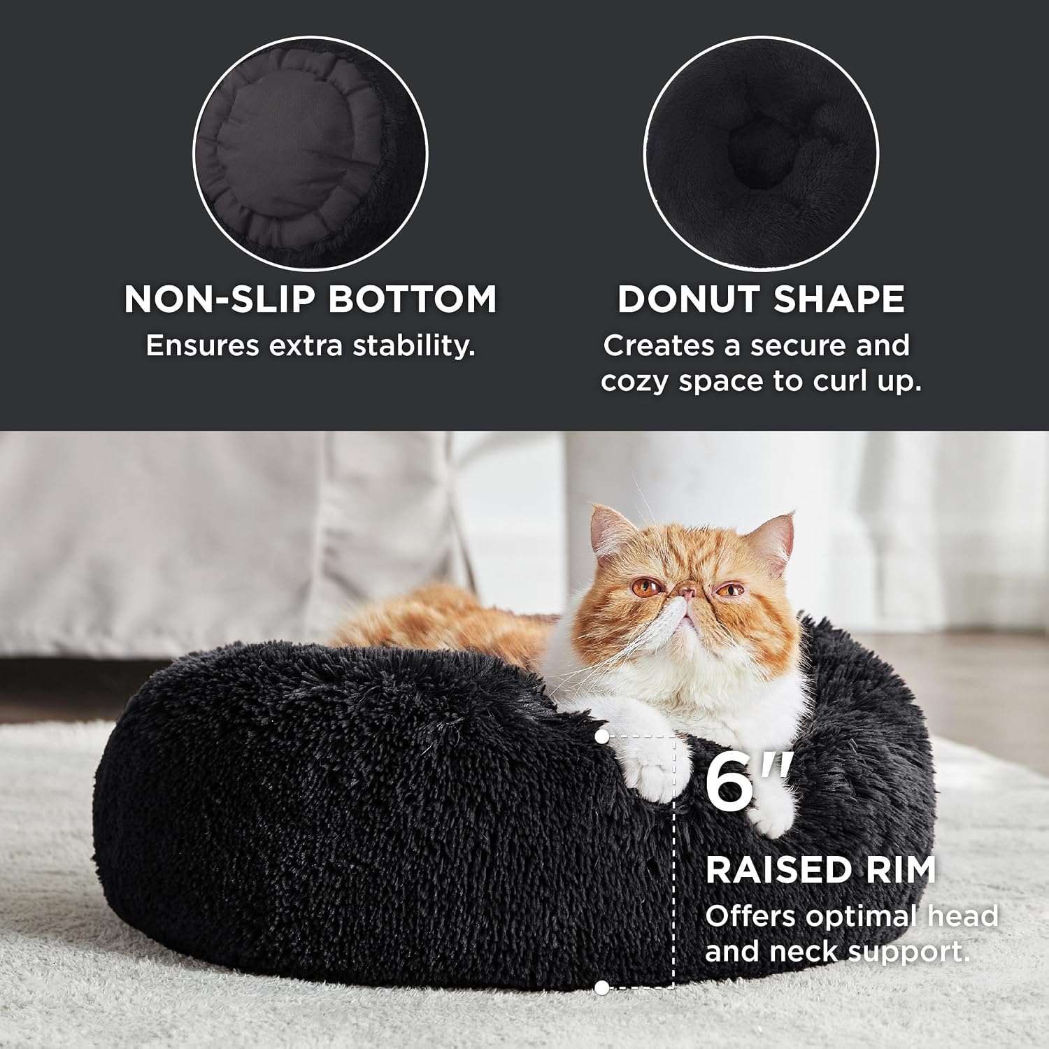  Calming Cat Beds Donut Round Washable Kitten Bed,20 inches Black | Fluffy Faux Fur Cuddler,Anti-Slip Bottom,Anti-Anxiety,Deep Sleeping for Cats&Small Pets Up to 15 Lbs thumbnail