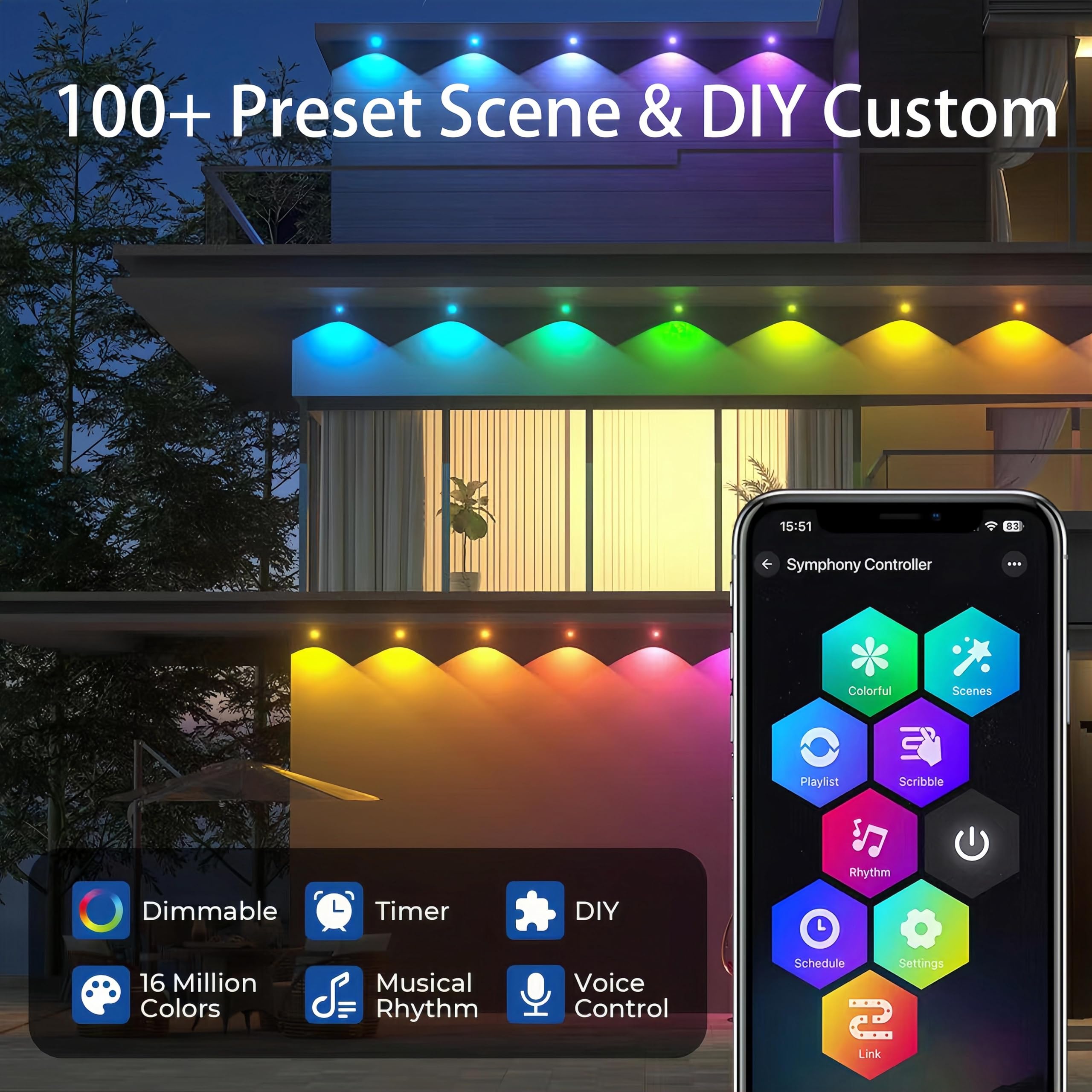Permanente Außenleuchten 30,5 m, RGBW+IC Smart LED mit 60 LED-Lichtern, IP68 wasserdicht, App & Fernbedienung für Weihnachten, Urlaub, Dach und Pool Party Dekor