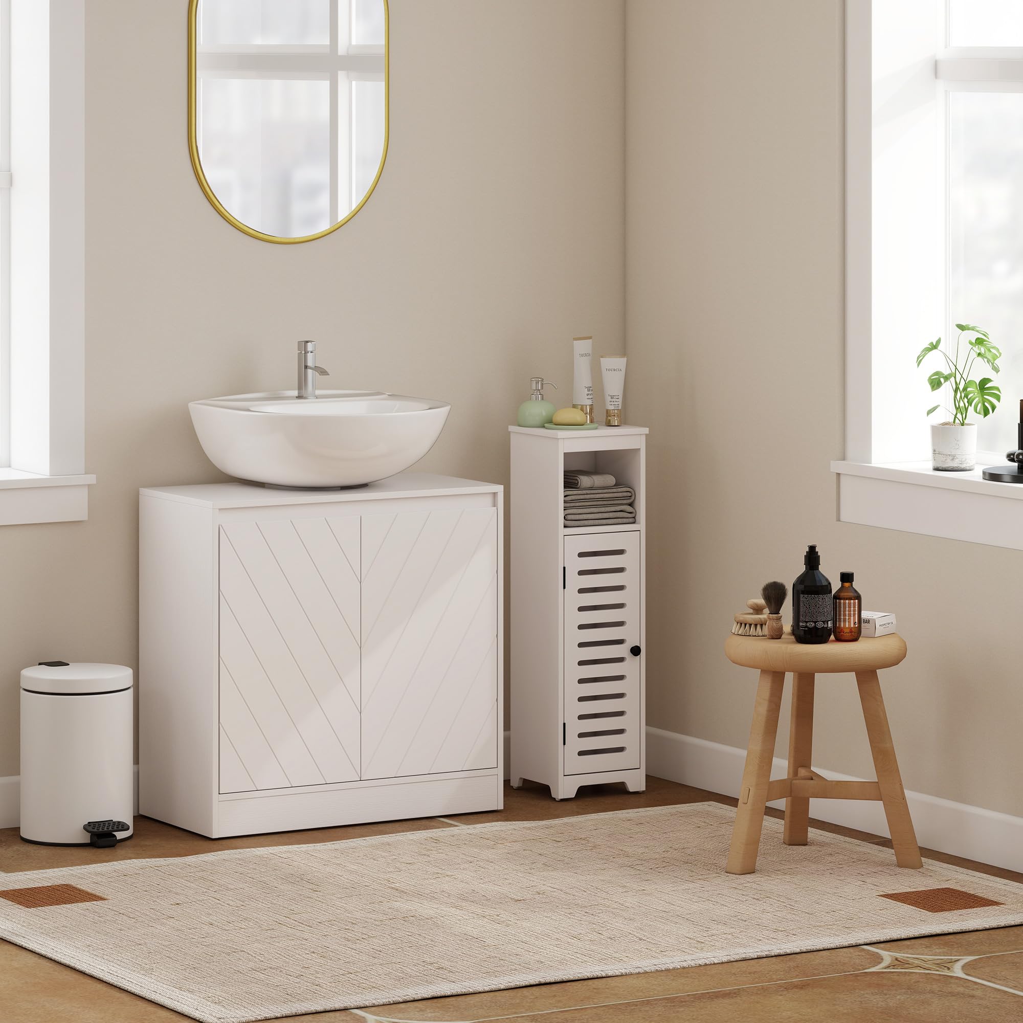 HOMCOM Mueble Bajo Lavabo, Mueble de Baño con 2 Puertas y Estante Ajustable, Armario de Baño para Lavabos con o sin Pedestal, Estilo Vintage, 60x30x59,8 cm, Blanco