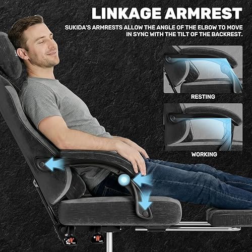 Vista 8 de SUKIDA Silla ergonómica de videojuegos de tela, sillas ergonómicas de respaldo alto para juegos de computadora con gran masaje ajustable, soporte