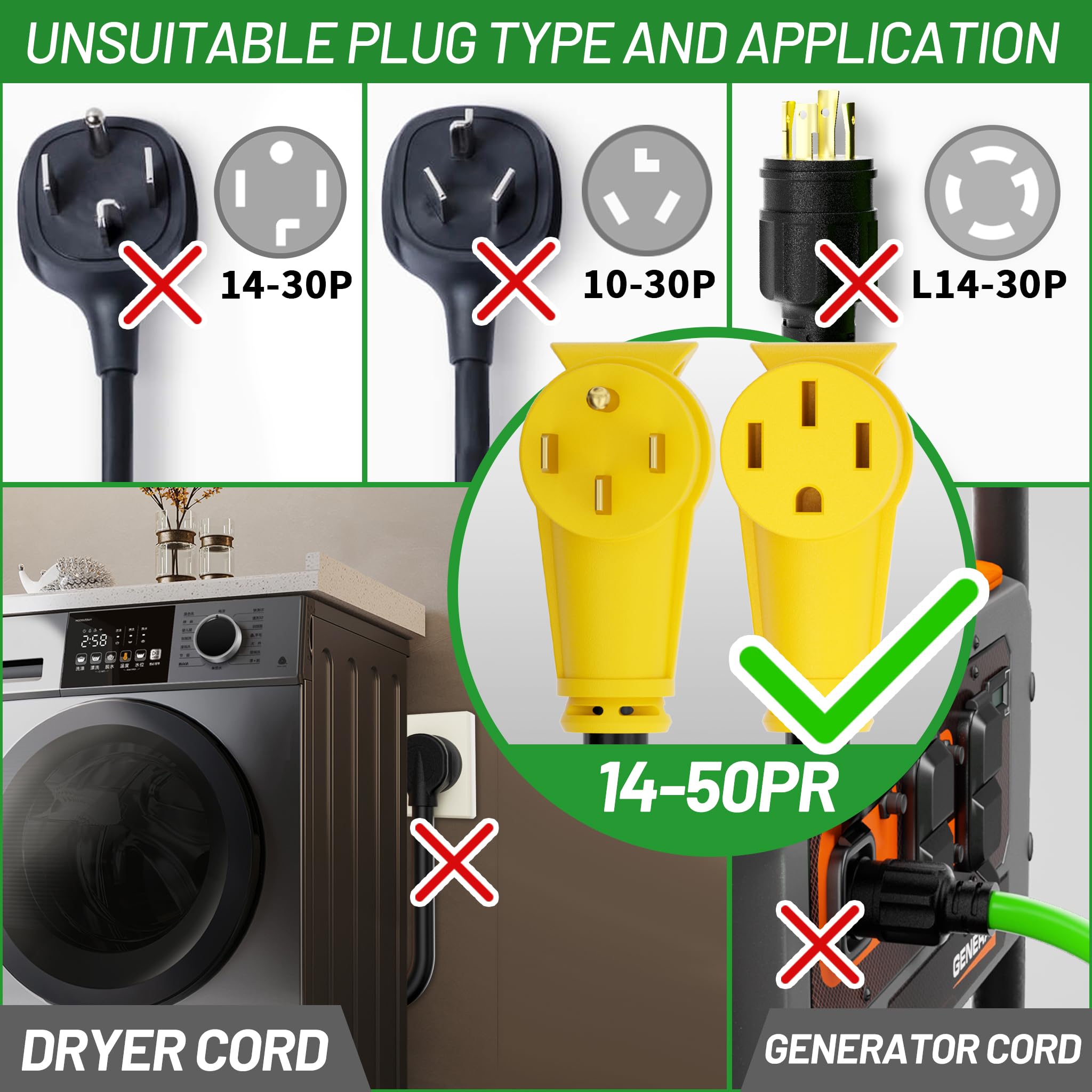 POWGRN - Cable de extensión RV/EV de 50 amperios de 100 pies para exteriores con mango de agarre, flexible resistente calibre 6/3+8/1 STW 4 puntas RV impermeable, NEMA 14-50P a 14-50R, negro-amarillo,