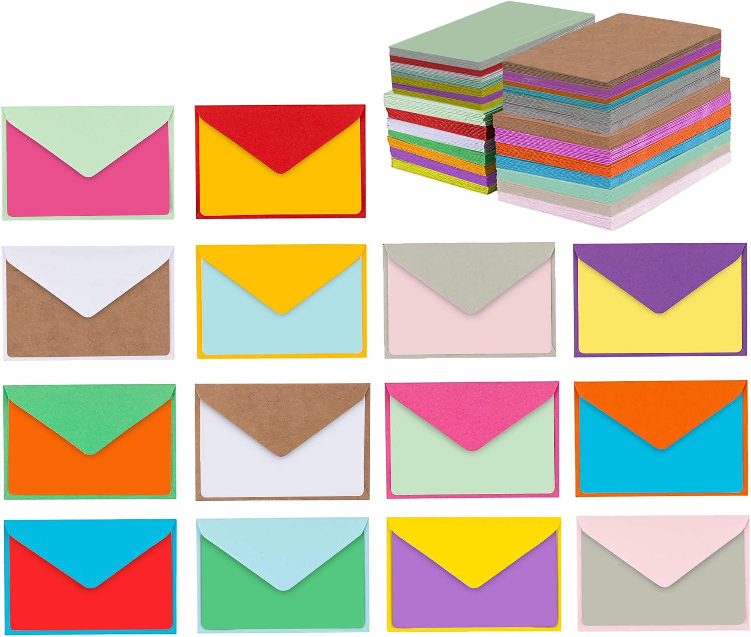 140 Mini Envelopes with Blank Note Cards, Assorted Colors