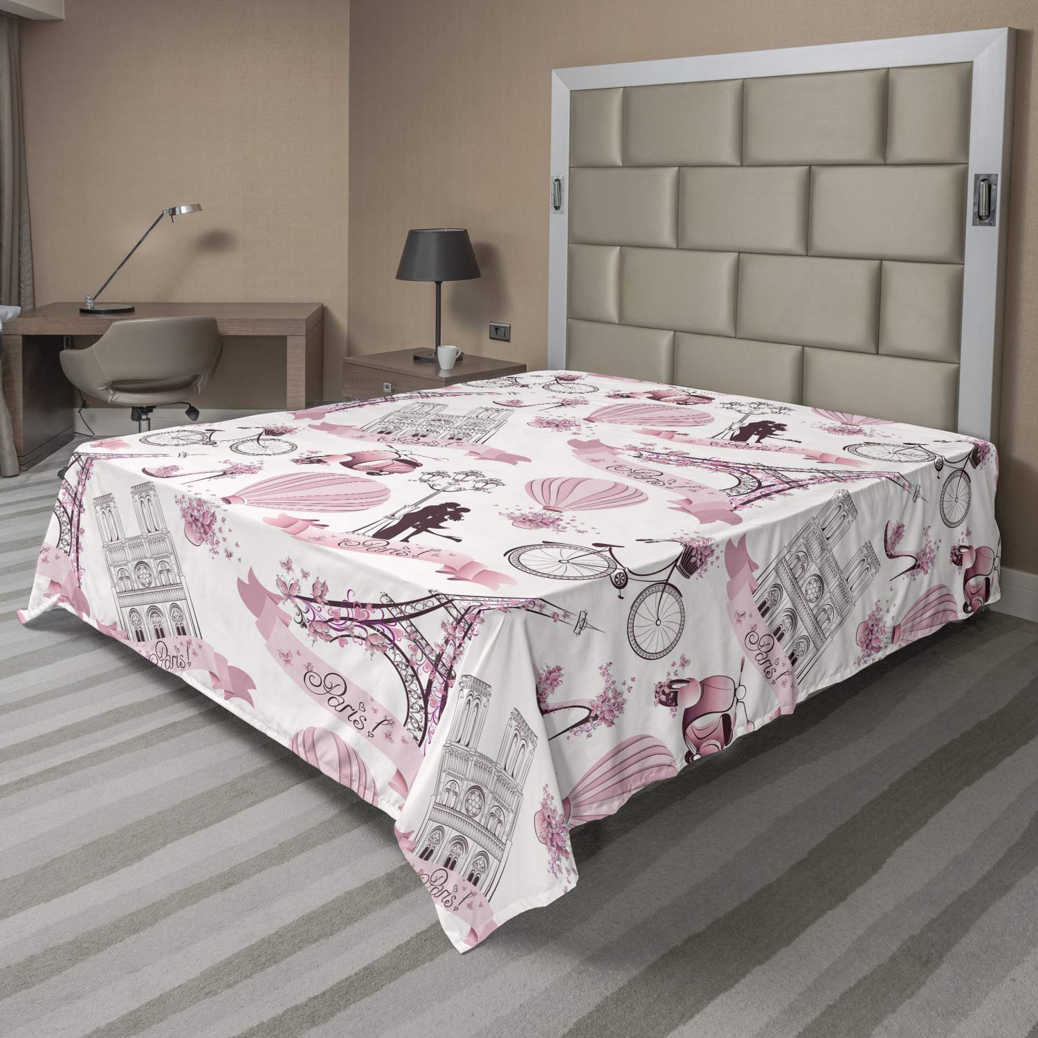 Ambesonne Eiffel Tower Flat Sheet, Travel in Paris Theme Honeymoon Flowers Romance Hot Air Balloon Bike, Soft and Comfortable Top Sheet Decorative