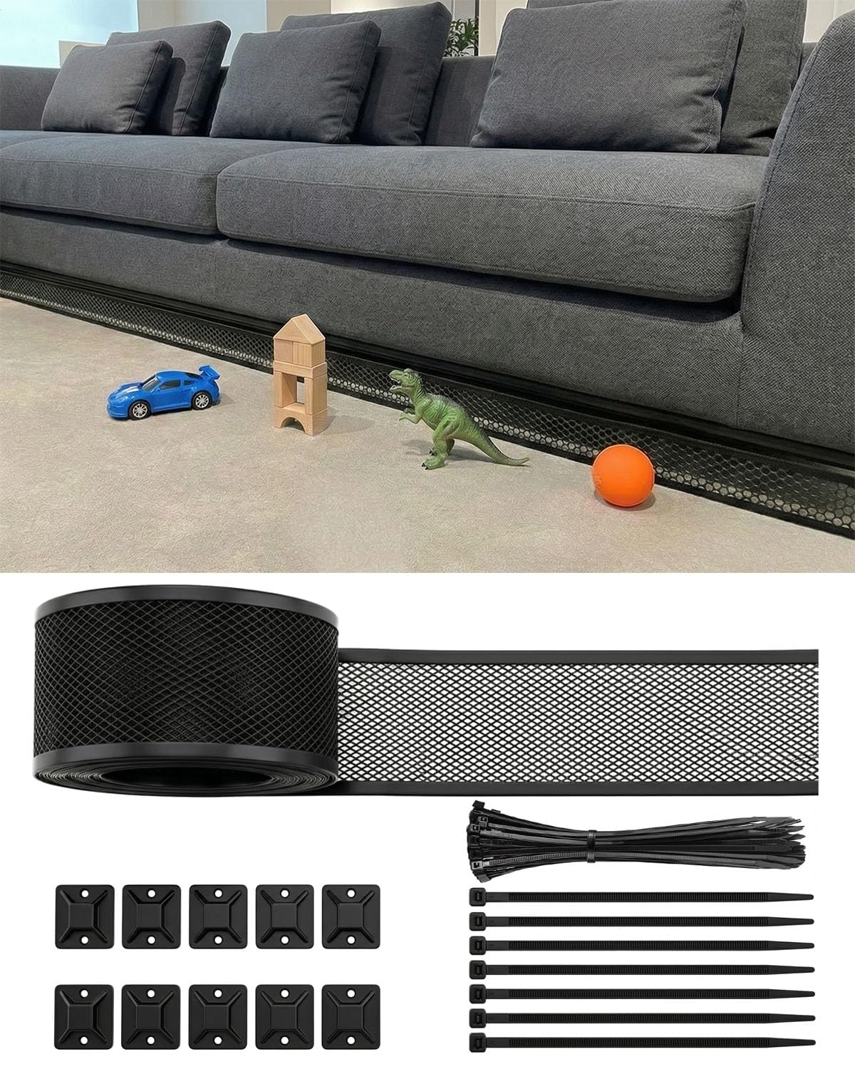 Under Sofa Blocker for Pets,3.9 Inch Cuttable Mesh Under Bed Blocker for Dogs and Cats,33 Feet Long Mesh Roll Black Toy Blocker for Furniture Gaps and Floor,Stop Items Getting Lost
