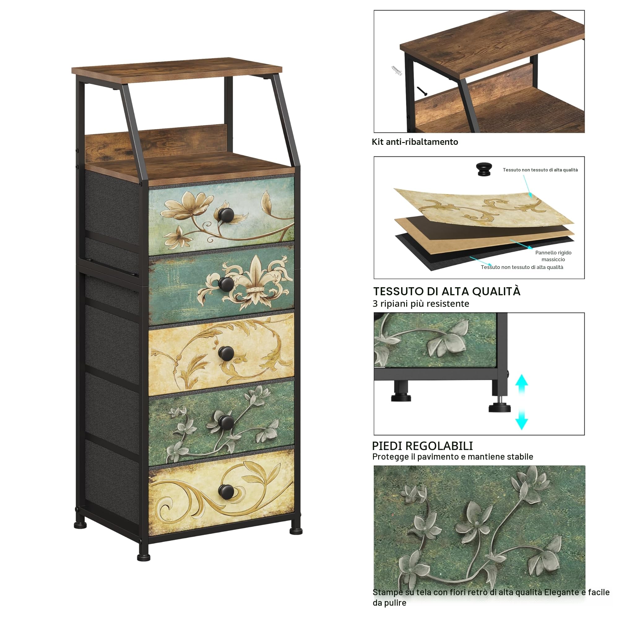 VEDECASA - Comò con 5 cassetti in tessuto, armadio con cassetti con ripiano aperto, tavolo da trucco bohemio, armadio per la conservazione, comodino, tavolino per camera da letto e soggiorno